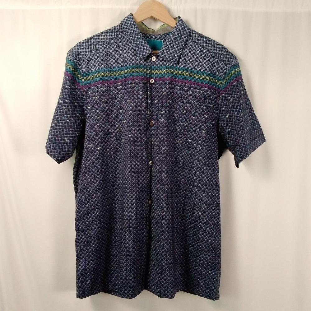 Tommy‎ Bahama Island Modern Fit Shirt Mens S Silk Cotton Geometric Short Sleeve